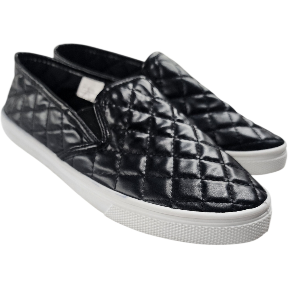 Black Quilted Slip-On Flat Loafers, Slides
